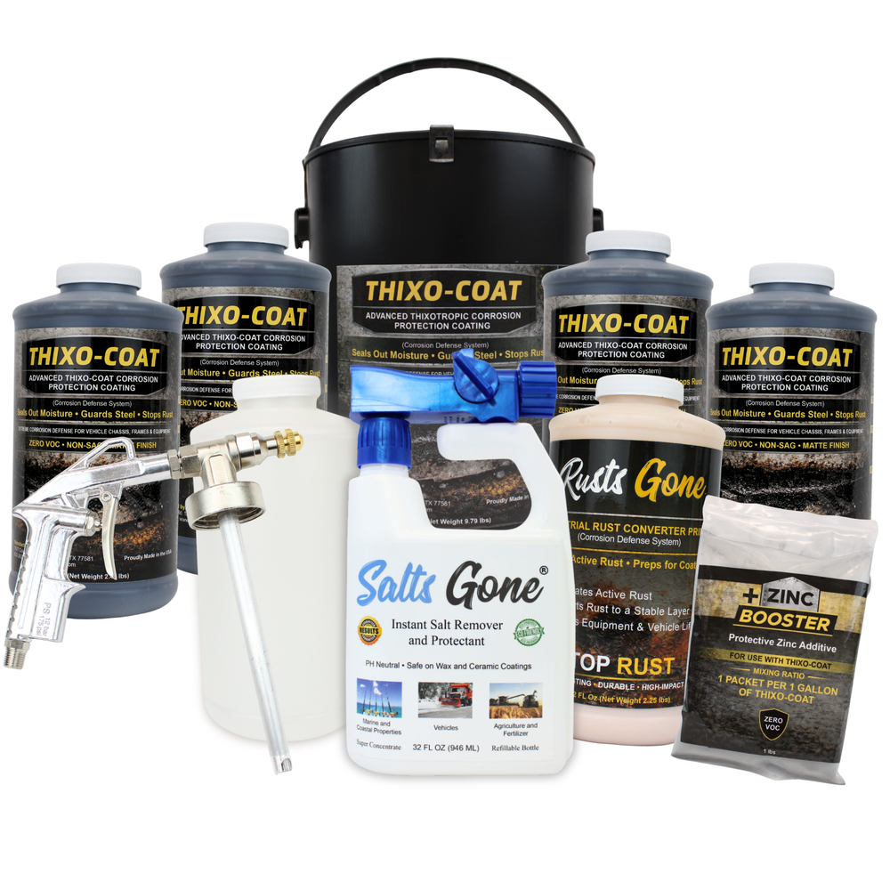 Salts Gone hard-coat rust protection kit with Thixo-Coat, Rusts Gone, zinc and application equipment